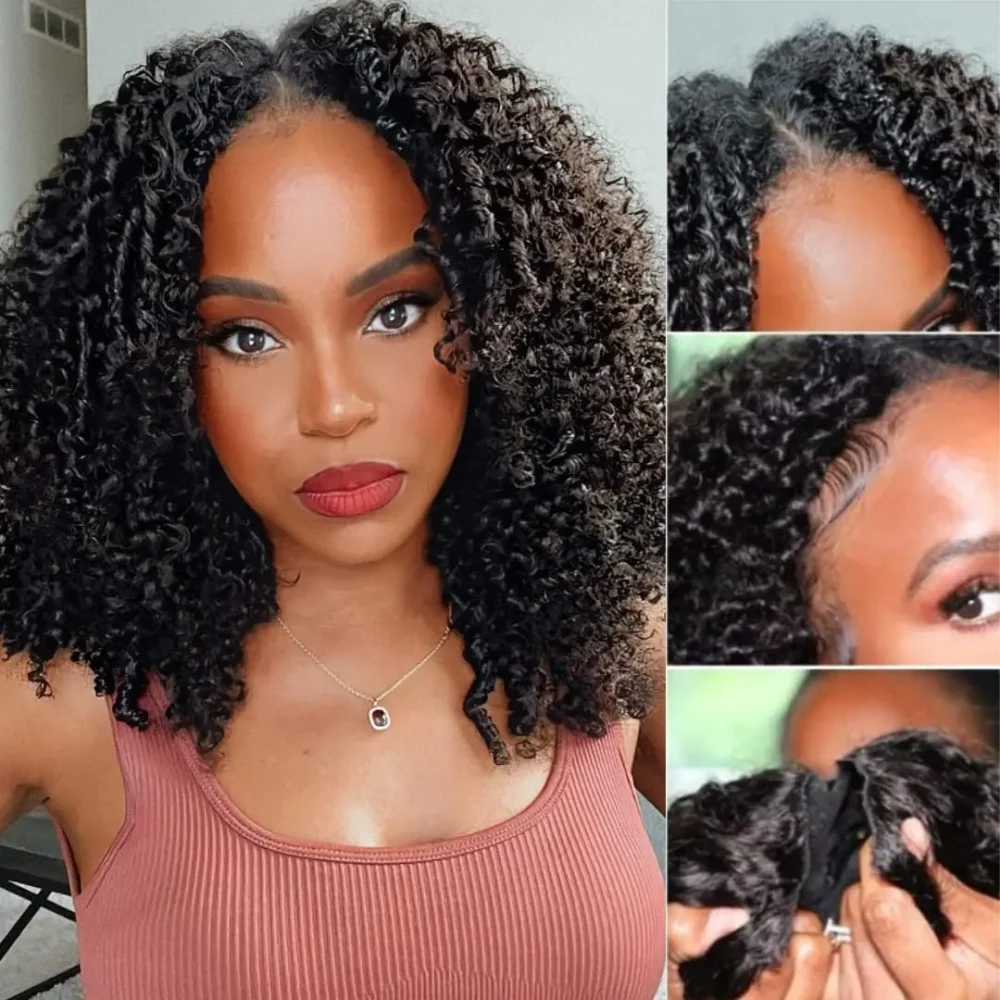 Afro Kinky Curly V Part Human Hair Wigs for Women 200 Density Machine Made Upgrade V Part Wig Curly Peruvian Hair Natural Color - Image 4