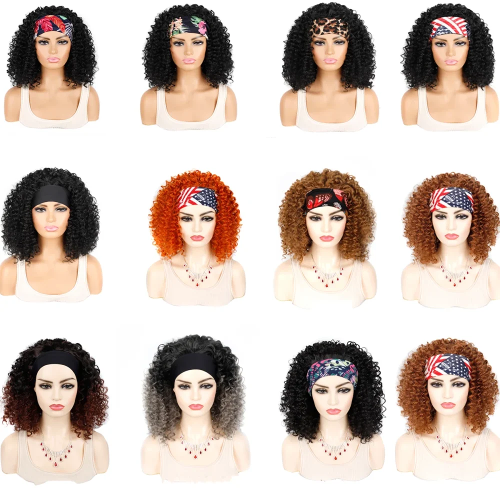 Afro Kinky Curly Wig with Head Band 18'' Kinky Curly Headband Wigs for Women Synthetic Fluffy Curly Turban Wig Cosplay Daily Use - Image 6